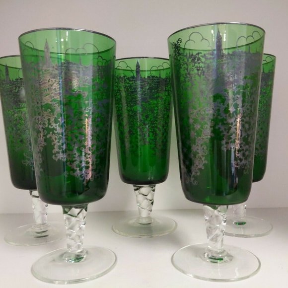 5 Antique Green Glass w/Silver Overlay Vatican Swirl Stems7.5"